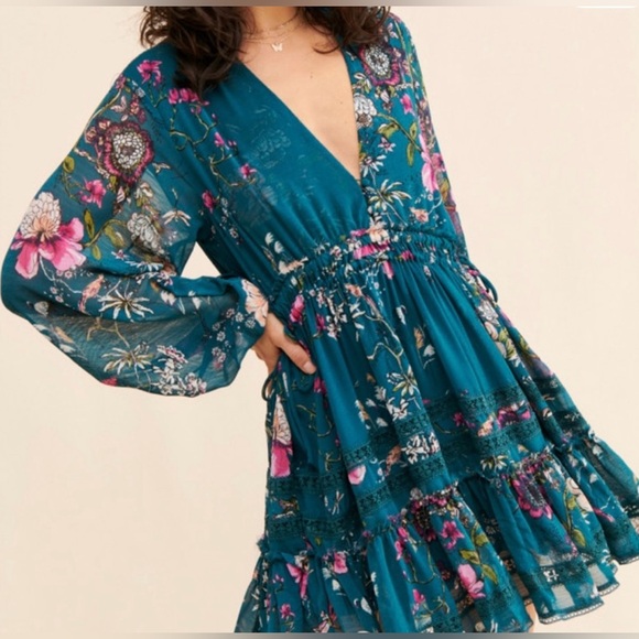 FREE PEOPLE SM Cherry Blossom Flouncy Dress Pine Green Sheer Boho Hi Lo Cinched - Picture 1 of 14